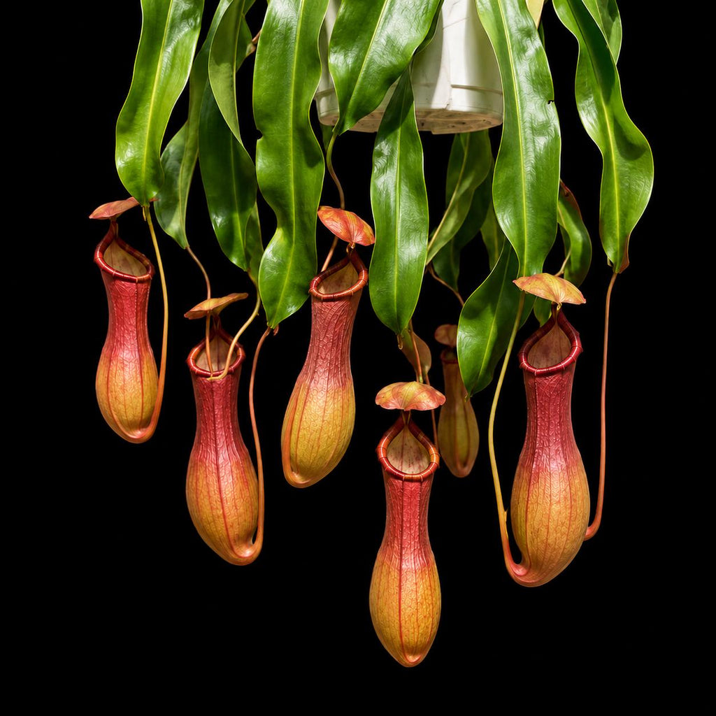 Hanging Nepenthes with a row of slim orange and red pitchers on a black background